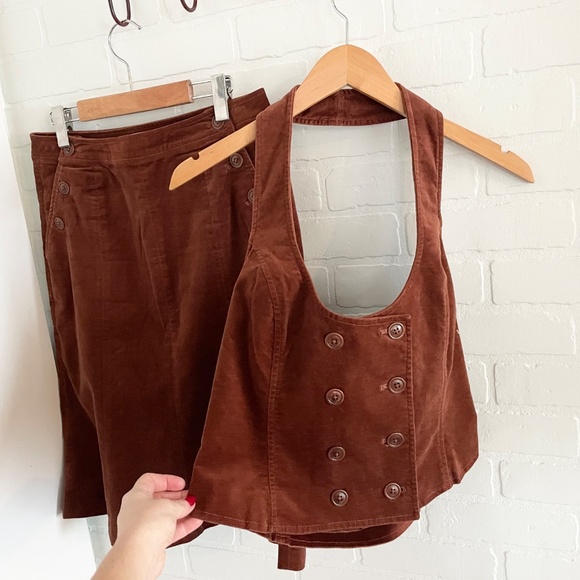 Vintage Y2K Skirt/Vest Matching set Faux suede/velvet Country Rusty brown Sz 2 - Picture 2 of 11